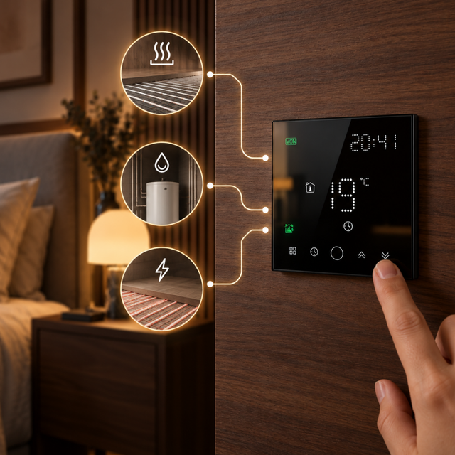 Universelle Kompatibilität. Das Thermostat unterstützt die Steuerung von Fußbodenheizungen, Warmwasserheizungen und elektrischen Heizsystemen und eignet sich somit für eine Vielzahl von Heizkonfigurationen