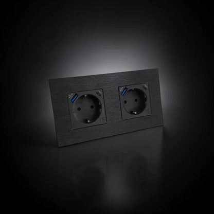 ISH059 Dviguba rozetė su aliuminio rėmeliu, USB-A ir Type-C jungtimis – Juoda