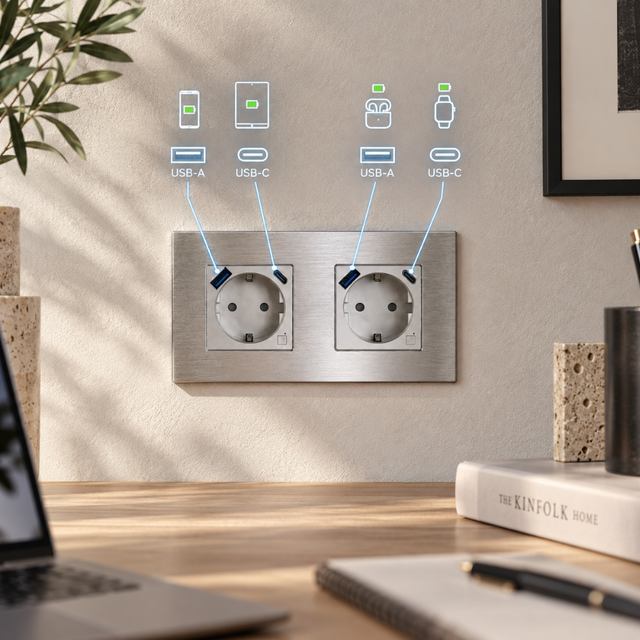 USB-A- und USB-C-Anschlüsse mit 20 W Schnellladung