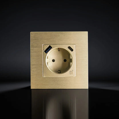 ISH060 Vienguba rozetė su aliuminio rėmeliu, USB-A ir Type-C jungtimis – Auksinė