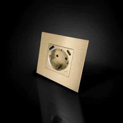 ISH060 Vienguba rozetė su aliuminio rėmeliu, USB-A ir Type-C jungtimis – Auksinė