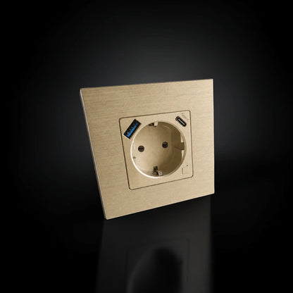 ISH060 Vienguba rozetė su aliuminio rėmeliu, USB-A ir Type-C jungtimis – Auksinė
