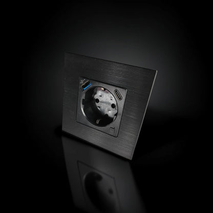 ISH060 Vienguba rozetė su aliuminio rėmeliu, USB-A ir Type-C jungtimis – Juoda
