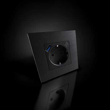 ISH060 Vienguba rozetė su aliuminio rėmeliu, USB-A ir Type-C jungtimis – Juoda