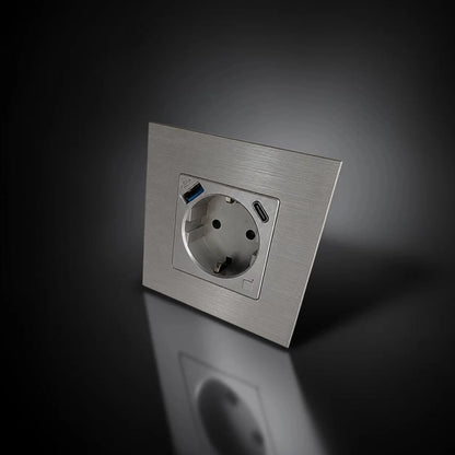 ISH060 Vienguba rozetė su aliuminio rėmeliu, USB-A ir Type-C jungtimis – Sidabrinė
