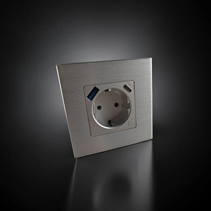 ISH060 Vienguba rozetė su aliuminio rėmeliu, USB-A ir Type-C jungtimis – Sidabrinė