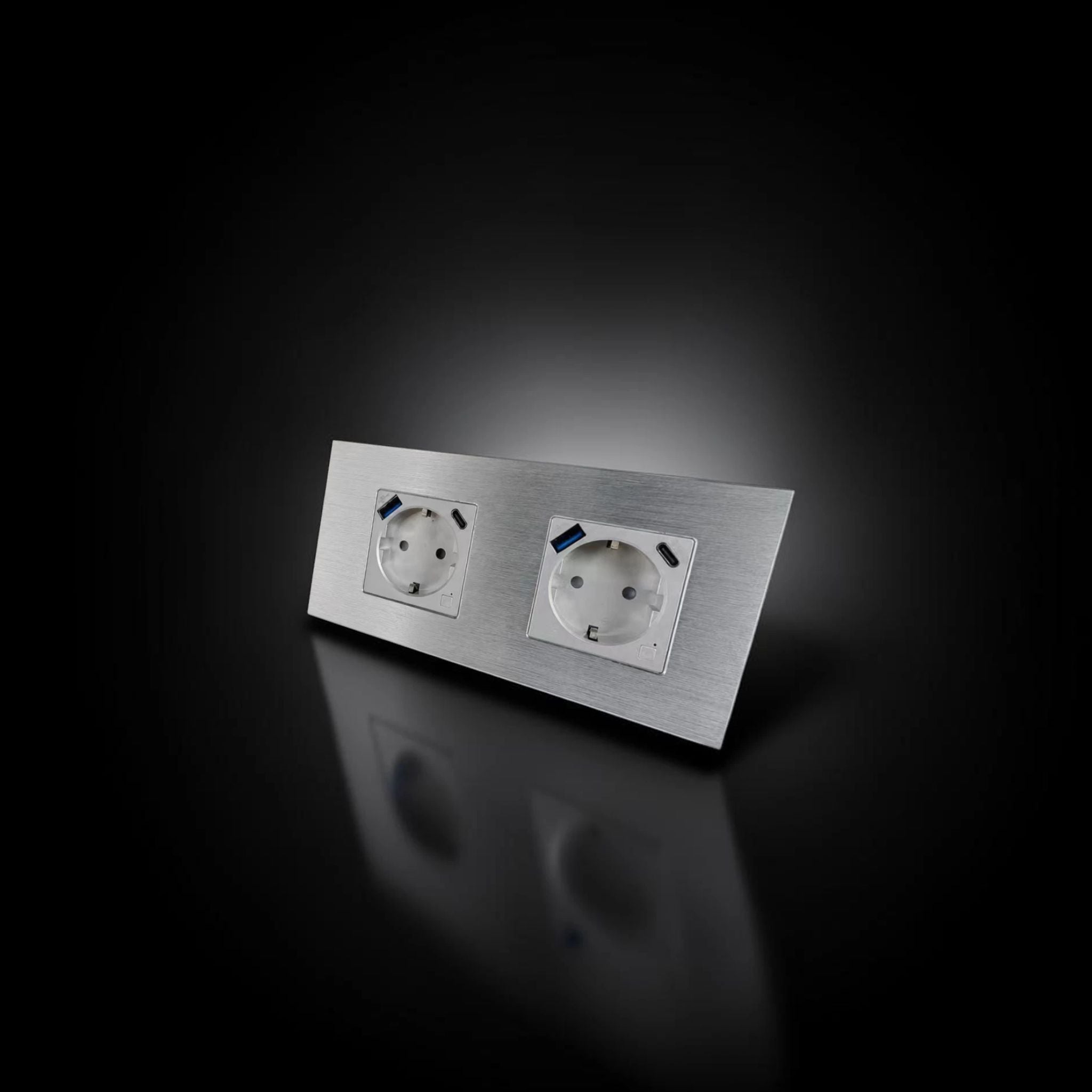 ISH059 Gniazdko podwójne z ramką aluminiową, porty USB-A i Type-C