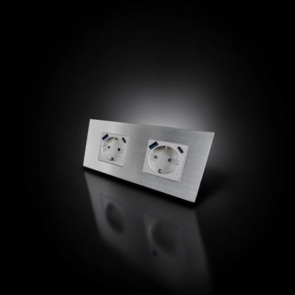 ISH059 Gniazdko podwójne z ramką aluminiową, porty USB-A i Type-C