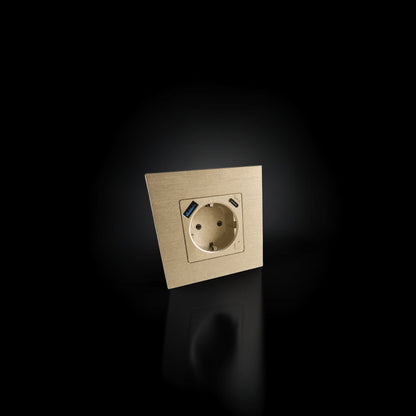 ISH060 Gniazdko pojedyncze z ramką aluminiową, porty USB-A i Type-C