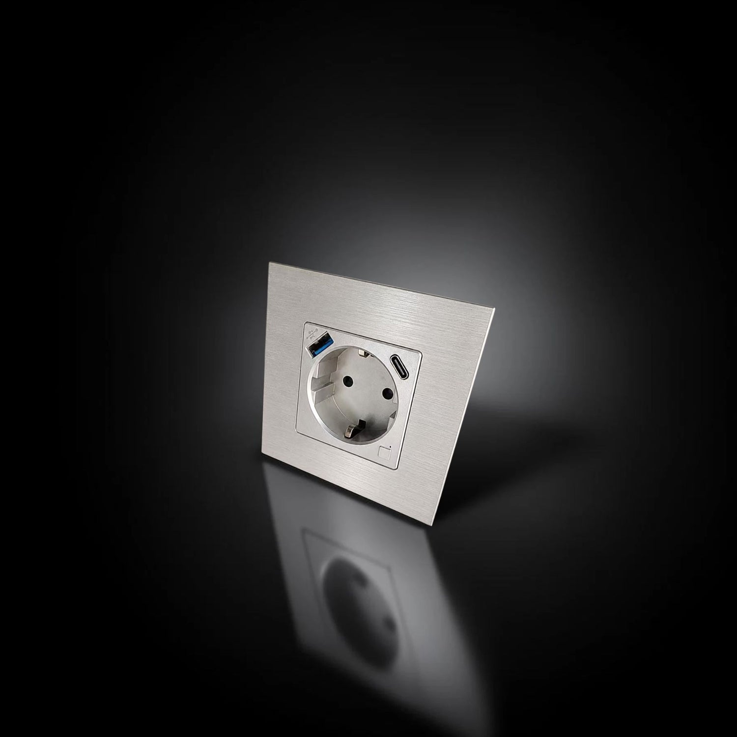 ISH060 Gniazdko pojedyncze z ramką aluminiową, porty USB-A i Type-C