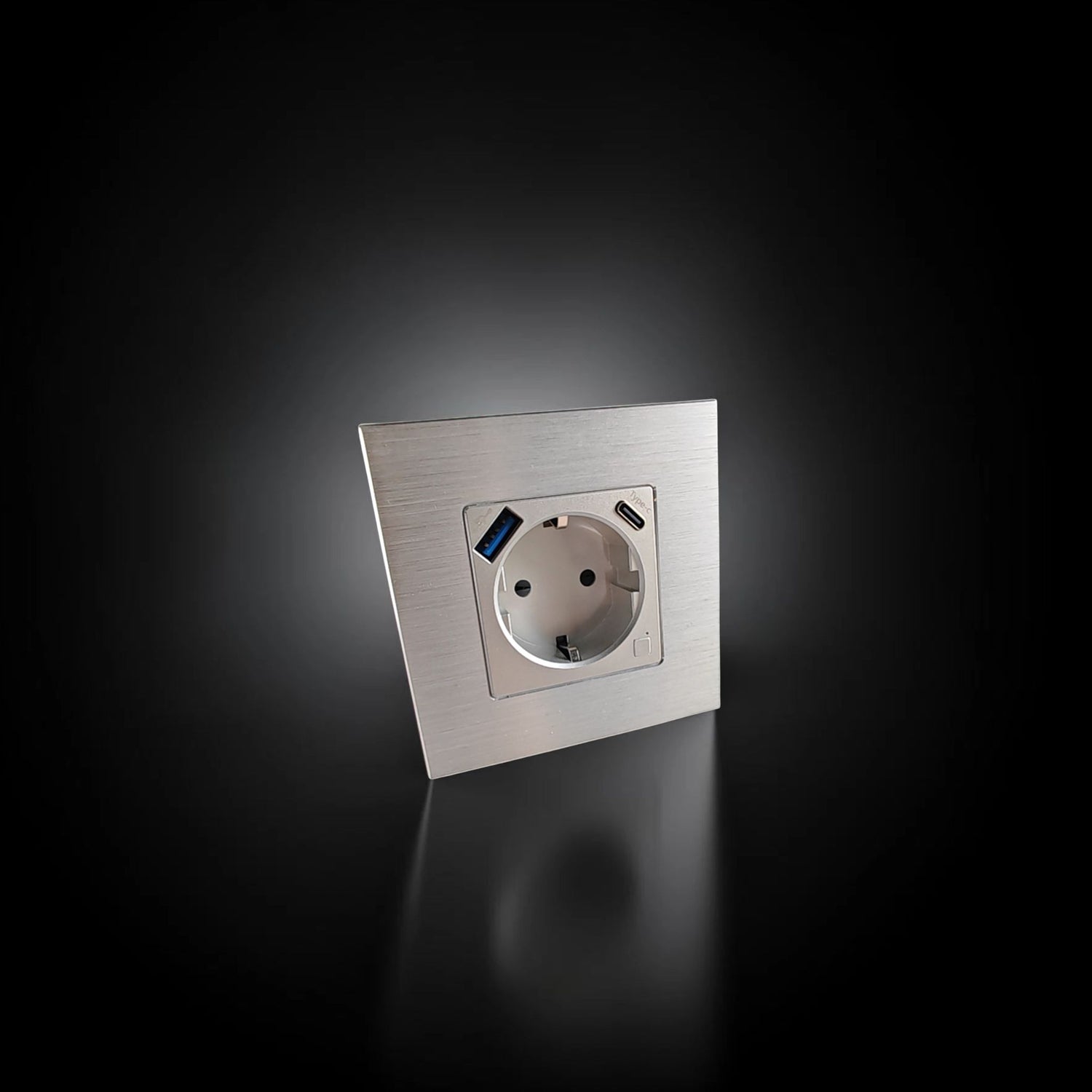 ISH060 Gniazdko pojedyncze z ramką aluminiową, porty USB-A i Type-C